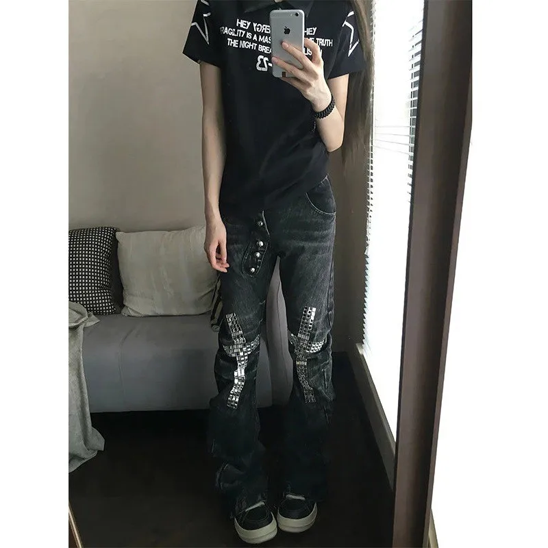 American High Street Style Men's Cross Jeans Summer Trendy Match All Micro Flare Pants Knife Blade Shape Button Casual Jeans