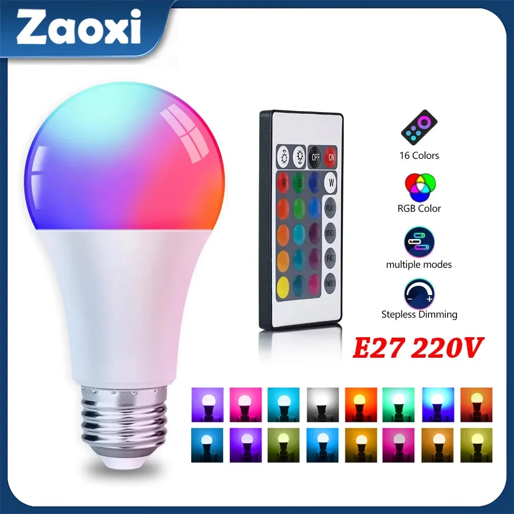 Zaoxi e27 5w/7w/10w/15w/20w/30w casa inteligente lâmpadas led rgb colorido controle remoto escurecimento lâmpada com atmosfera de memória