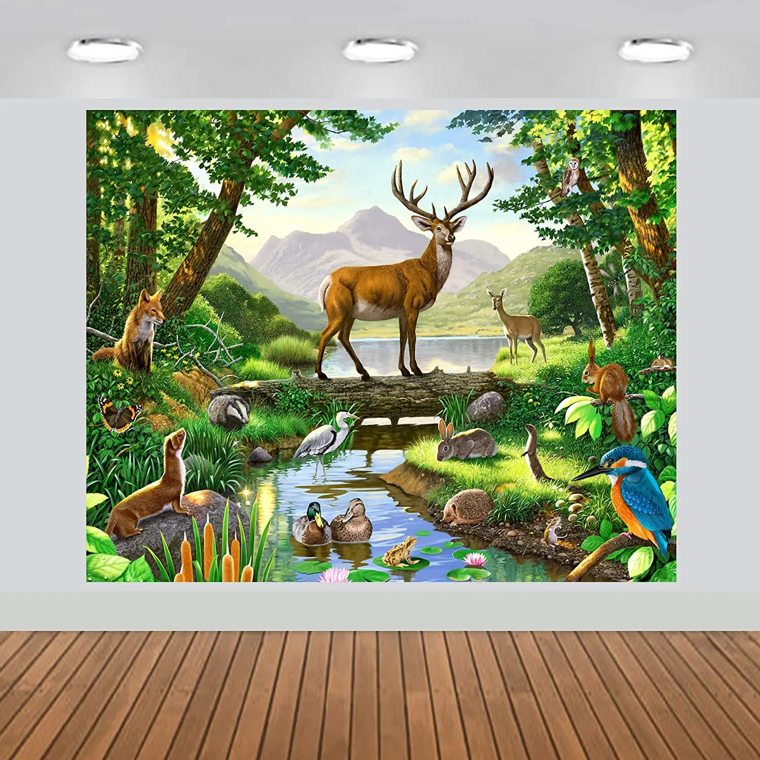 

Woods Animals Deer by Lake Scenic Photography Backdrop Banner Studio Vinyl Background Photobooth Props Poster