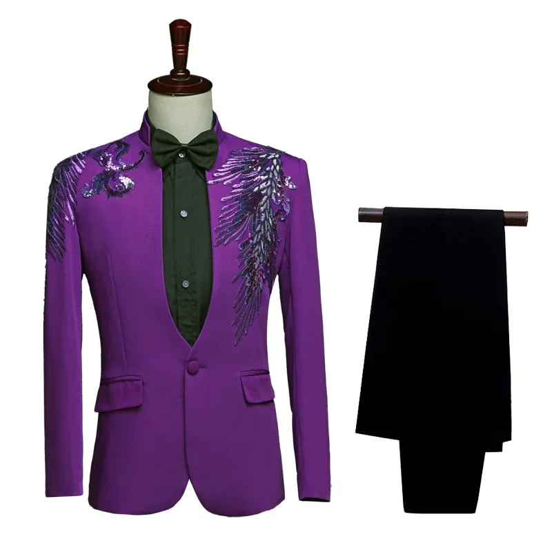 2025 Purple Standing Collar with Diamond Feather Suits for Men,Studio Host Singer Performance Mens Blazer with Pants 2 Pieces Se