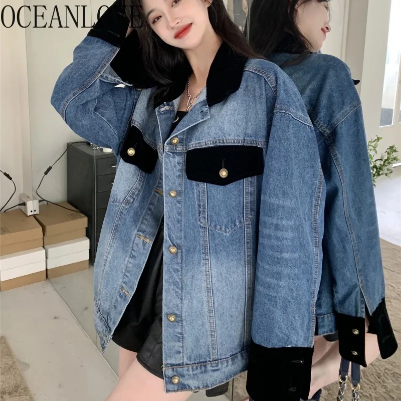 

OCEANLOVE Autumn Winter Jackets for Women Contrast Color Korean Fashion Loose Chaquetas Patchwork Vintage Ropa De Mujer