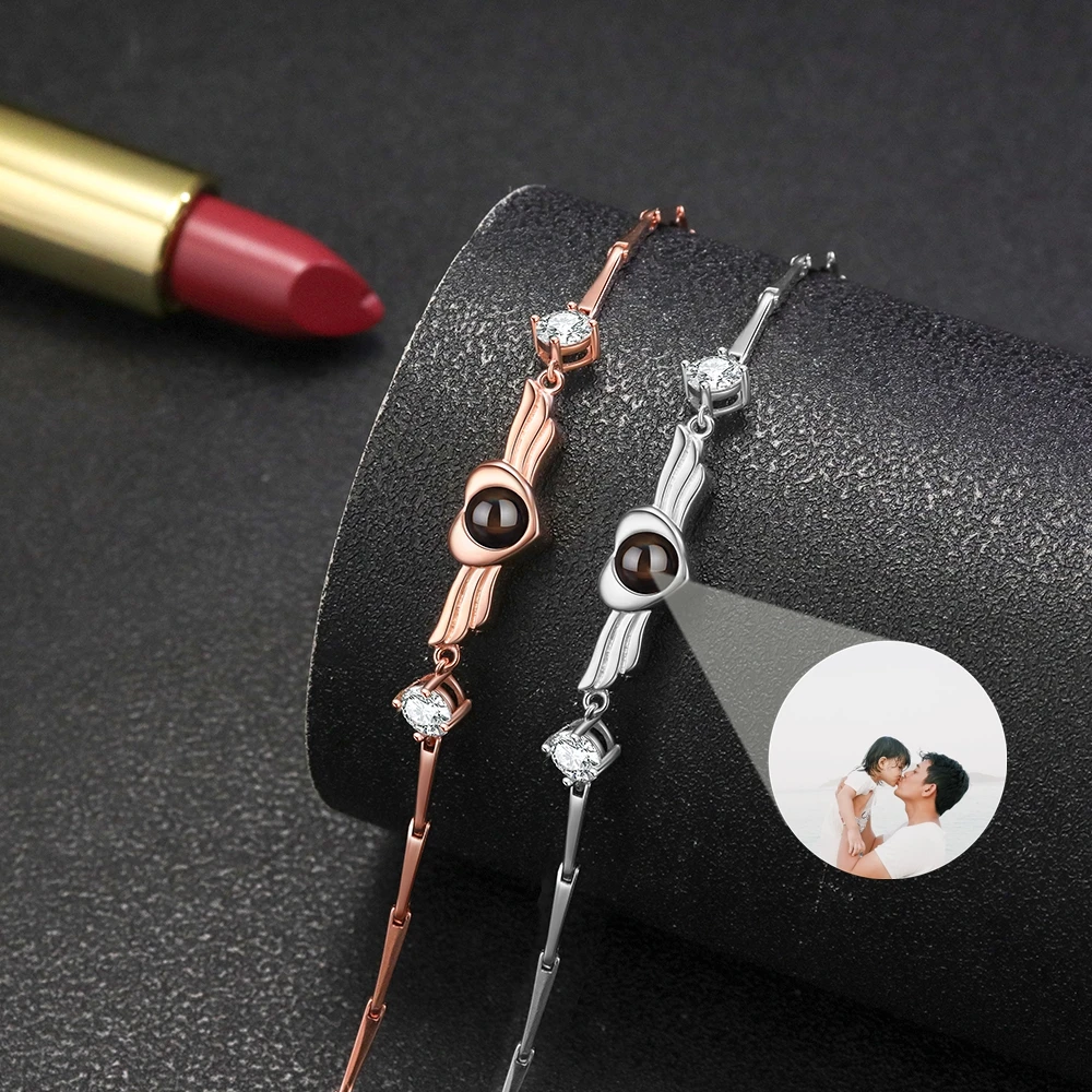 

Wings Heart Pendant Custom Photo Bracelet for Women Projection Photo 925 Silver Chain Birthday Gift New Jewelry