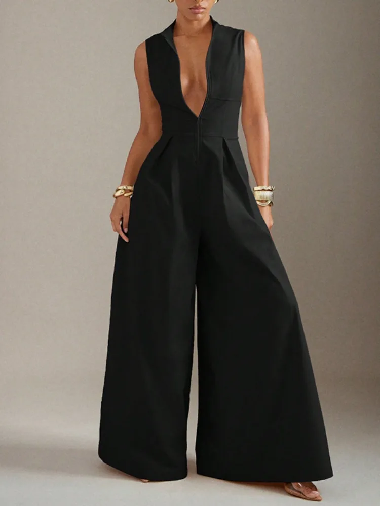 

Gymystars Women's Overalls Wide Leg Pants Jumpsuits Casual Loose Sleeveless Pockets Solid Color Zipper V-Neck Female Jumpsuits