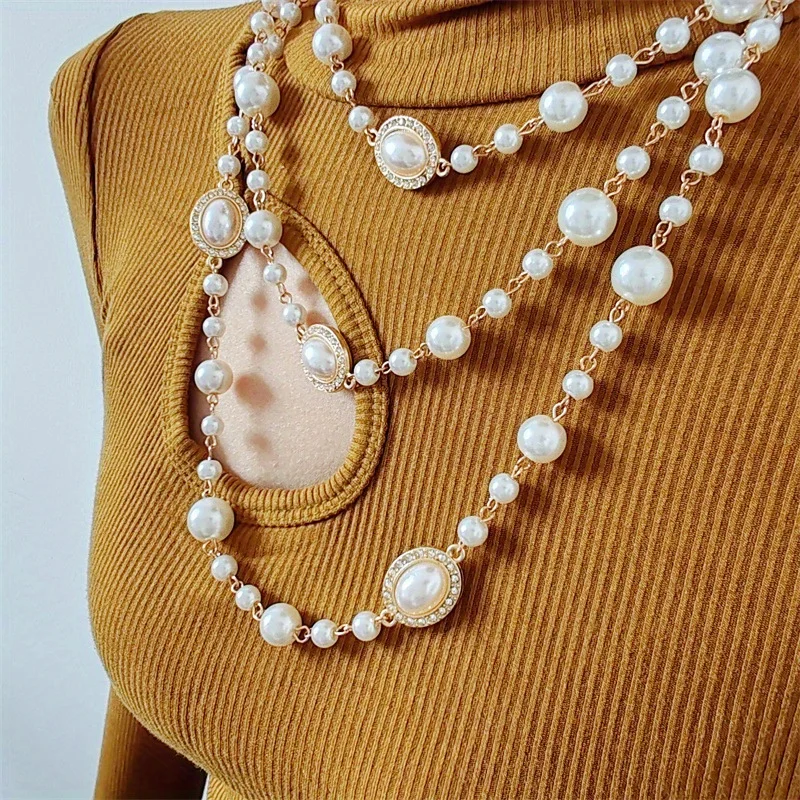 

Artificial Pearl Layered Long Necklace with Elegant Temperament and Fashionable Women's Necklace
