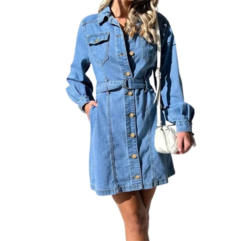 

Chest Patchwork Double Pockets Women Denim Dress High Waist Lace-up Single-breasted Cardigan Dresses Female Casual Commuter Wear