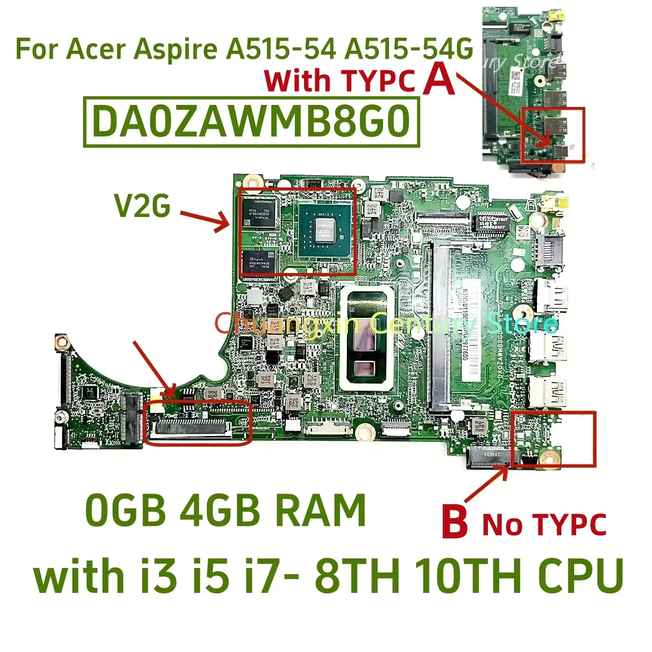 DA0ZAWMB8G0/DA0ZAWMB8E0 is suitable for Acer A515-55 notebook computer motherboard with I3 I5 I7-10TH GPU 2G RAM:0G/4G