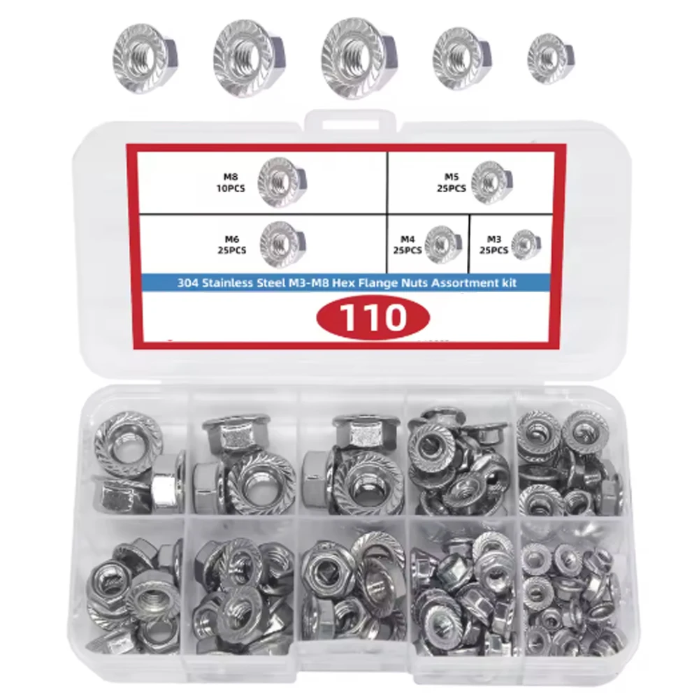 110pcs 304 Stainless Steel M3-M8 Hex Flange Nuts Assortment kit M3 M4 M5 M6 M8 Flange Nut Hex Hexagon Serrated Spinlock Lock