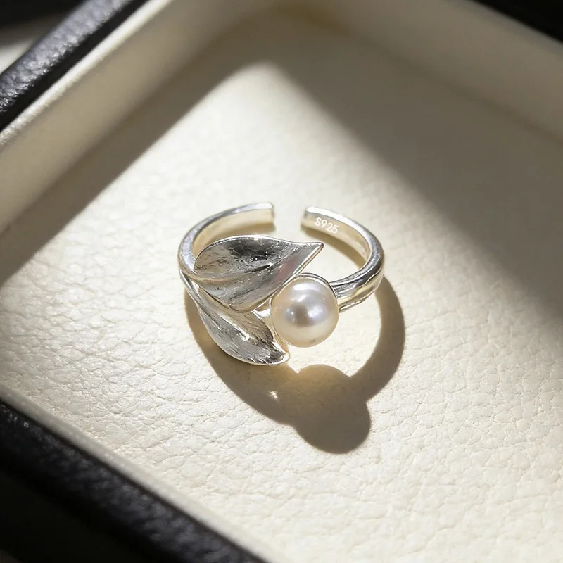 925 Sterling Silver Rings for Women Couple Minimalist Handmade Simple Leaf Pearl Ring Fine Jewelry Gift Prevent Allergy