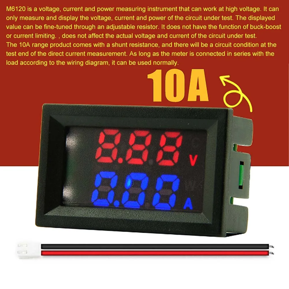 DC6-120V M6120 Digital Voltmeter Ammeter 10A Voltage Current Power Meter Tester with Dual LED Display and Connect Wires - Image 6