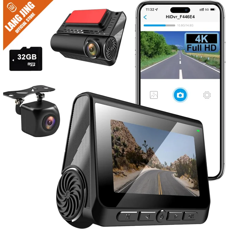 

4K 2-Channel Dash Cam with WiFi APP - Ultra HD Car Video Recorder, Wide-Angle, Night Vision, Loop Recording & Parking