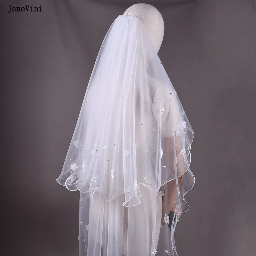 JaneVini 2024 Korean Style Short Bridal Veils with Comb Two Layers White Romantic 3D Flowers Pearls Bride Veil for Wedding Dress