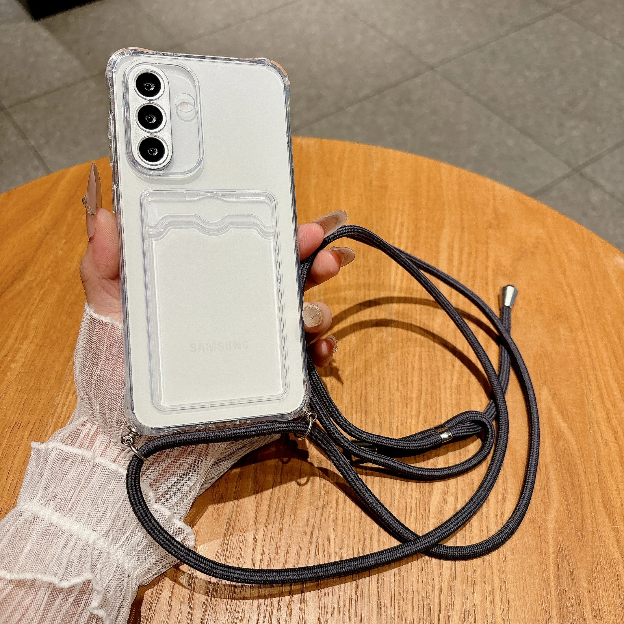 Diagonal Hanging Rope Hyaline Card Bag Anti Fall Phone Case For Samsung Galaxy S26 S25 S23 S22 S21 S20 Plus Edge FE 2022 Cover