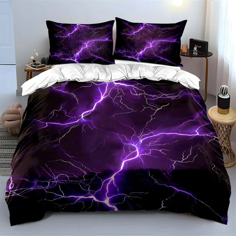 3Pcs Lightning Thunder Pattern Bedding Set, Soft Duvet Cover + 2 Pillowcases, Modern Techno Style Bedroom Decor, Gift for Family