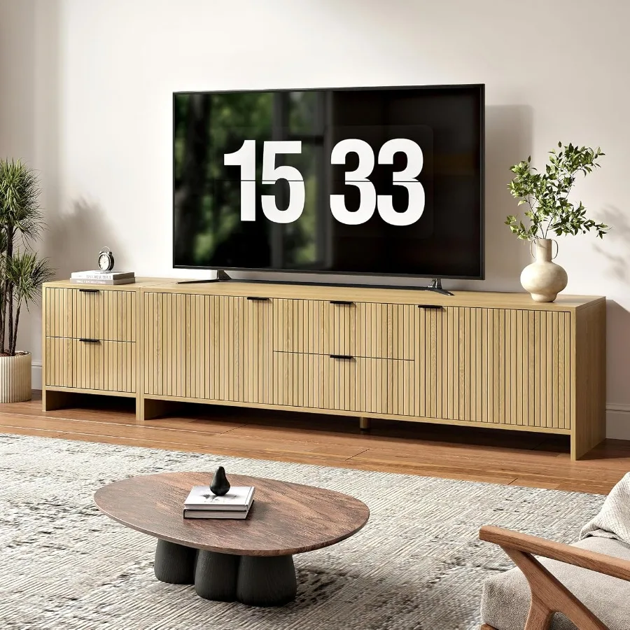 

Рифленая подставка под телевизор для телевизоров до 85 Современный деревянный развлекательный центр с 4 ящиками Регулируемые полки Шкафы для хранения Натуральный Oa