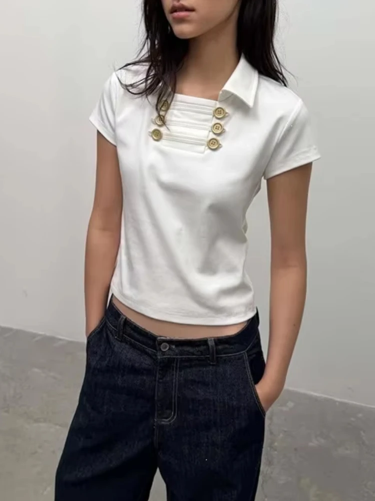 Preppy Style Ladies Fashion Polo Collar Short Sleeve T-shirts Front Strap Button Hollow Design White Slim Cropped Casual Blouses