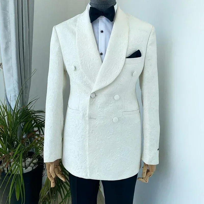 Floral Wedding Suits For Men Double Breasted Groom Tuxedo 2 Pcs Custom Fashion Slim Fit Jacket Pants (Blazer + Trousers)