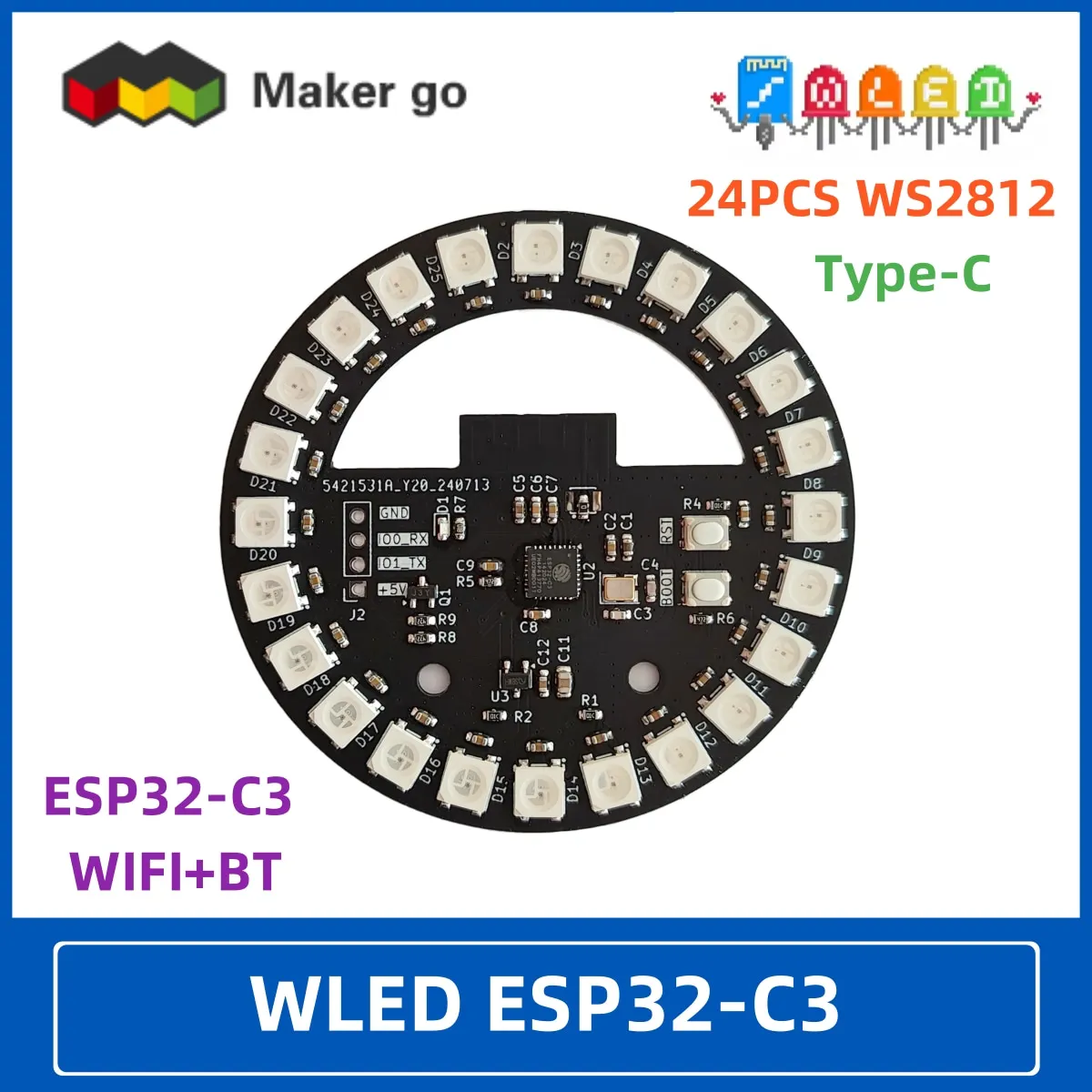 ESP32-C3 Entwicklungsboard WLED Kreisförmiges Farbiges Licht WS2812B Kreisförmiges Atmosphärenlicht-Gehäuse Esports Farbiges Licht