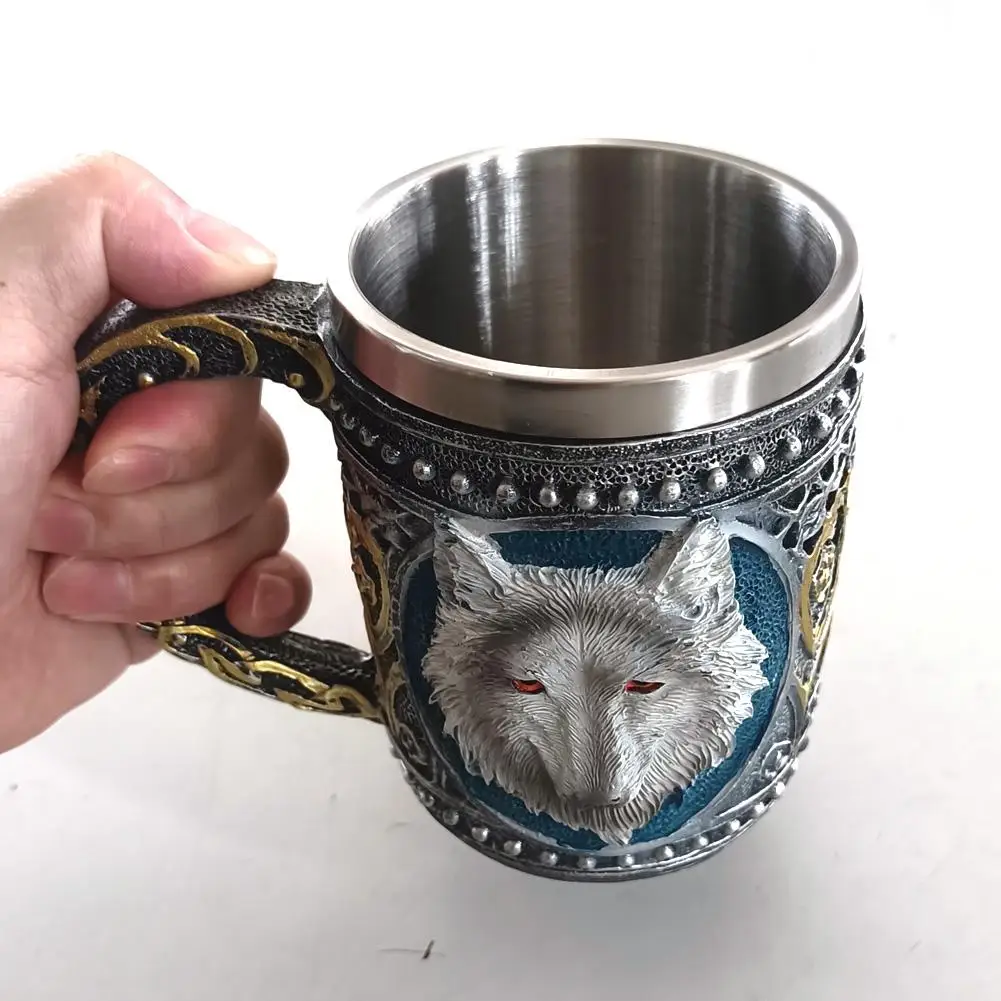 

3D Wolf Head Coffee Cup Stainless Steel Milk Tea Cup Creative Decor Drink Mug Heat-resistance for Children Gifts