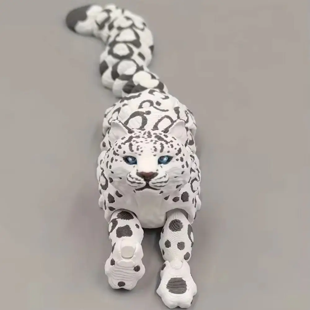 Creative 3D Printed Simulation Lifelike Rotatable Snow Leopard Model Flexible Simulation Movable Joints Animal Model Desk Decor