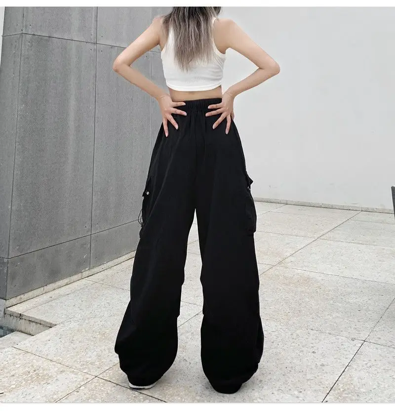 1pc Women Big Pockets Cargo Y2k High Elastic Waist Drawstring Baggy Trousers Vintage Casual Loose Side Zipper Straight Pants