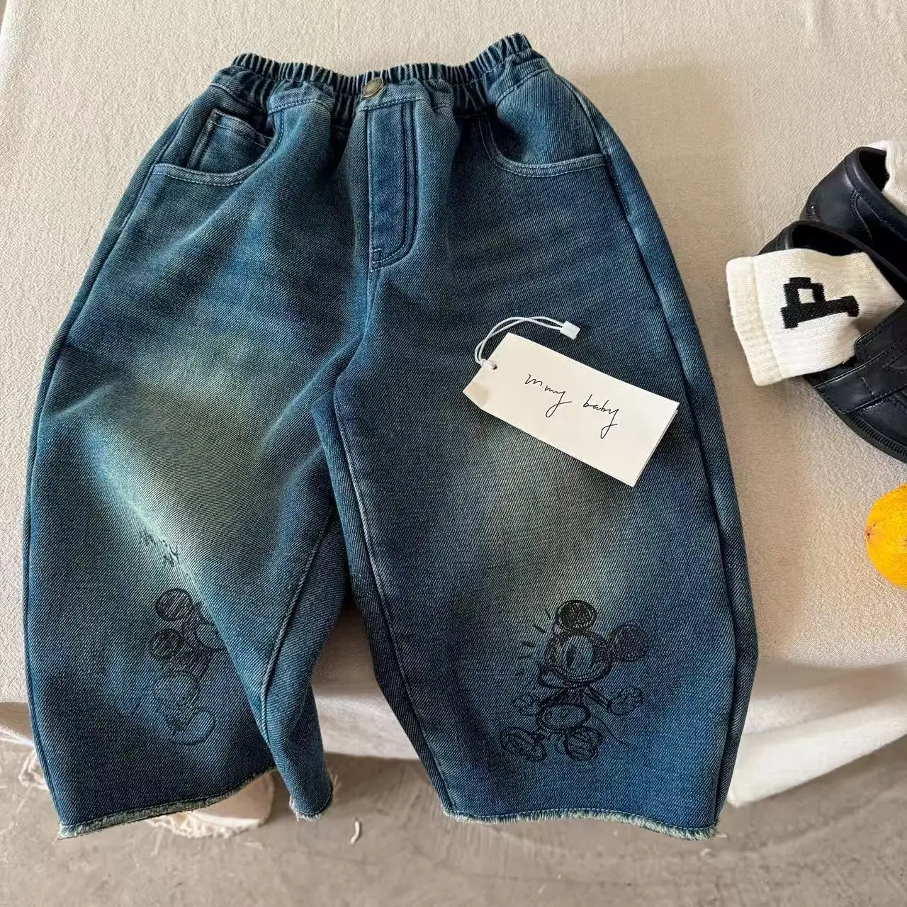 

Children's Jeans Autumn New Boys Girls Cartoon Mickey Elastic Waist Denim Pants Kids Casual Distressed Straight Leg Trousers