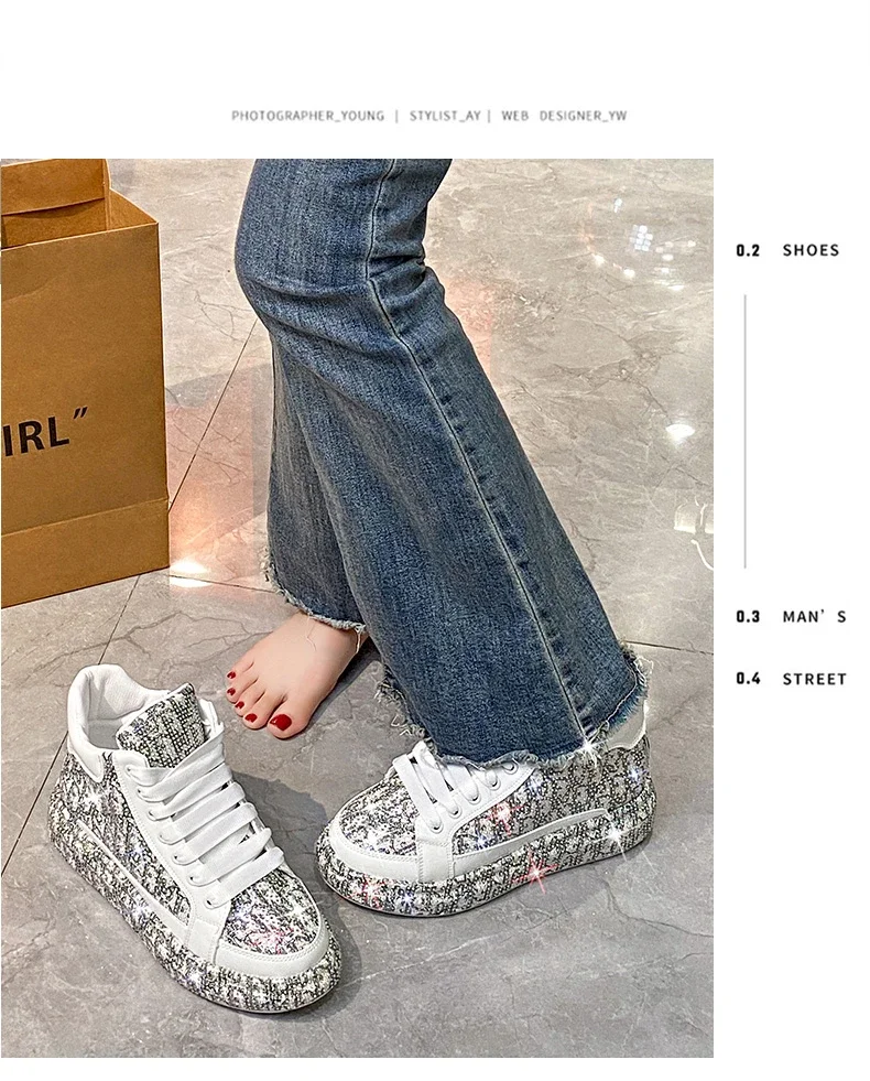 Women's Full Diamond Platform Sneakers Personalized Water Diamond Colored Embroidery Casual Shoes High Top Luxury Sports Shoes