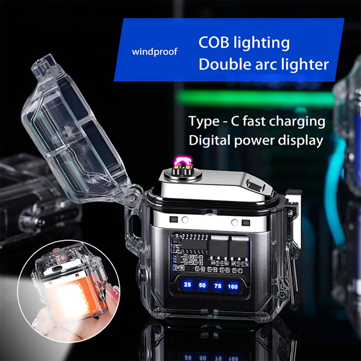 1pc Outdoor waterproof lighting electric lighter - transparent curved design with rechargeable power display screen