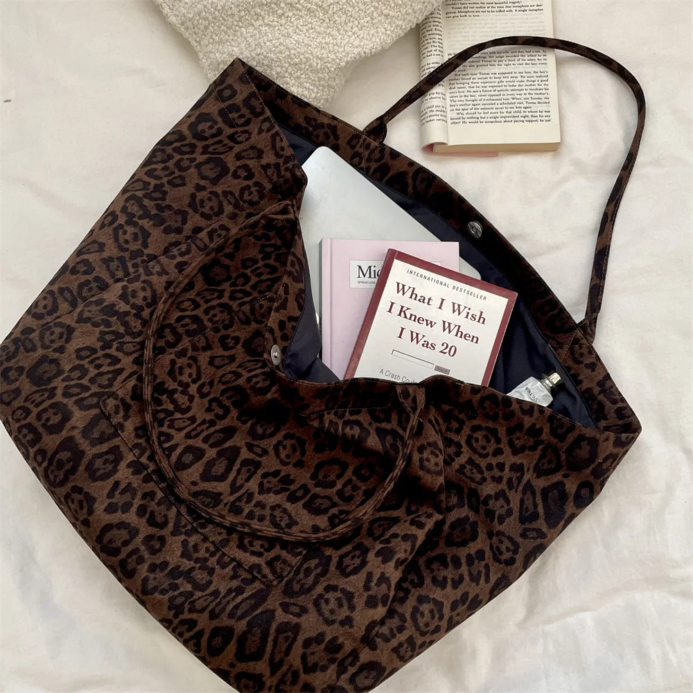 

Корейская ретро-сумка-тоут для женщин, розовая, с леопардовым принтом, замшевая, на плечо, модная, повседневная, из холщовой ткани, с тонким ремешком
