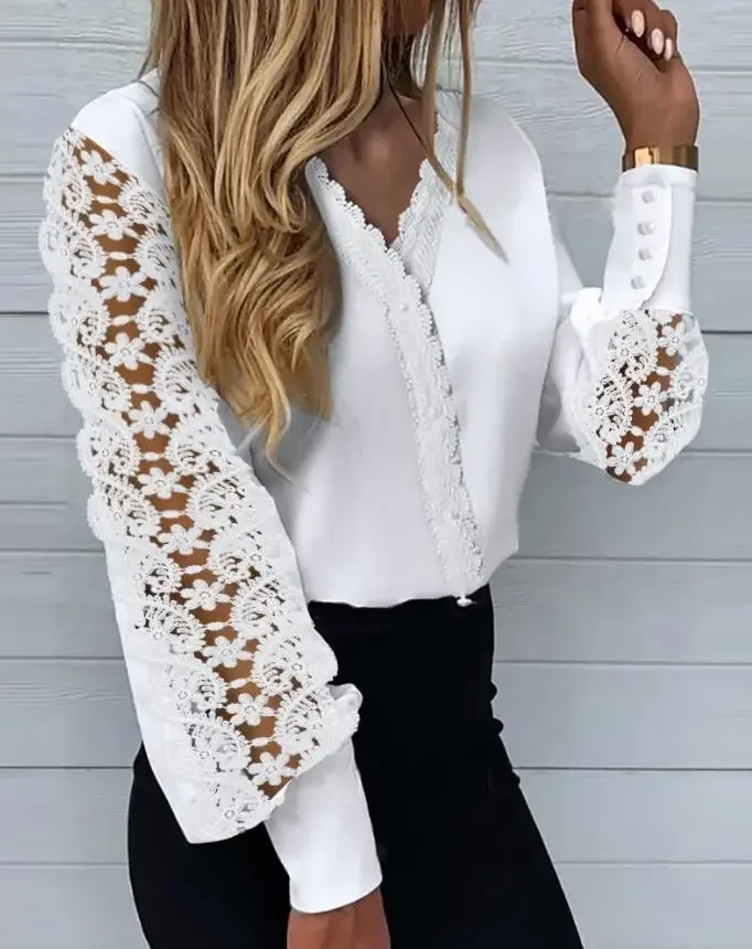 Elegant Women's Long Sleeve Lace Blouses Tops White Casual Crochet Hollow Out Turtleneck Stylish V-Neck Shirts Female Pullovers