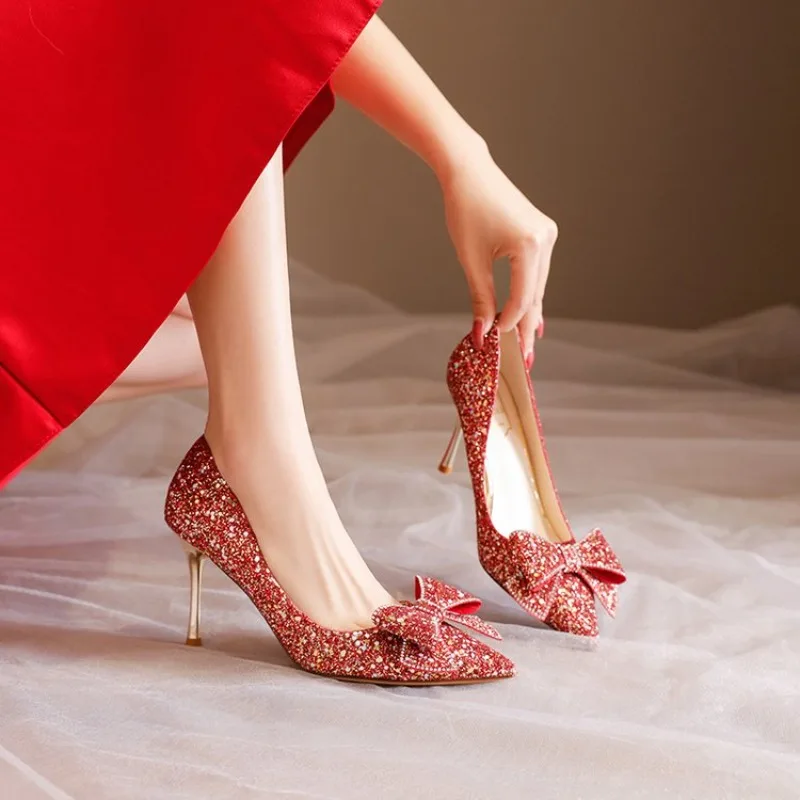 2024 New Spring Summer Autumn Wedding Shoes Women\'s Thick Heels Bride Red Suede Wedding Barefoot Shoes Zapatos De Mujer