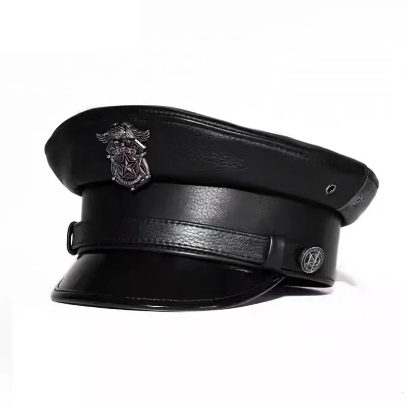 High Grade Leather Marine Captain Hat for Men New Retro British  German Short Brim Cowhide Flat Top Military Caps Navy Gorras