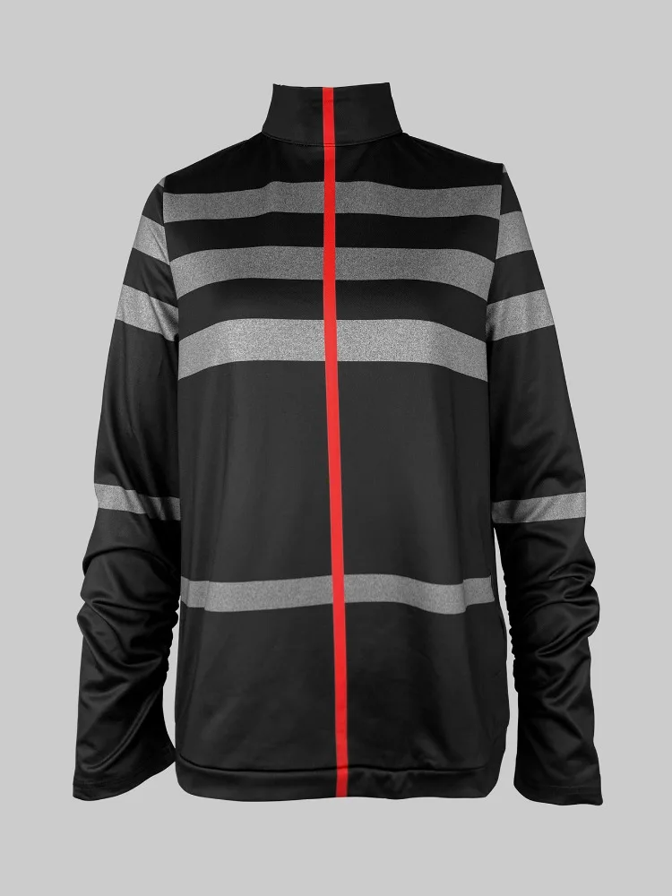 Freeacy Women\'s Striped Shirt Spring Fashion Tops High Neck Long Sleeves Pullovers Polyester Thin Loose Fit T-shirt for Laides