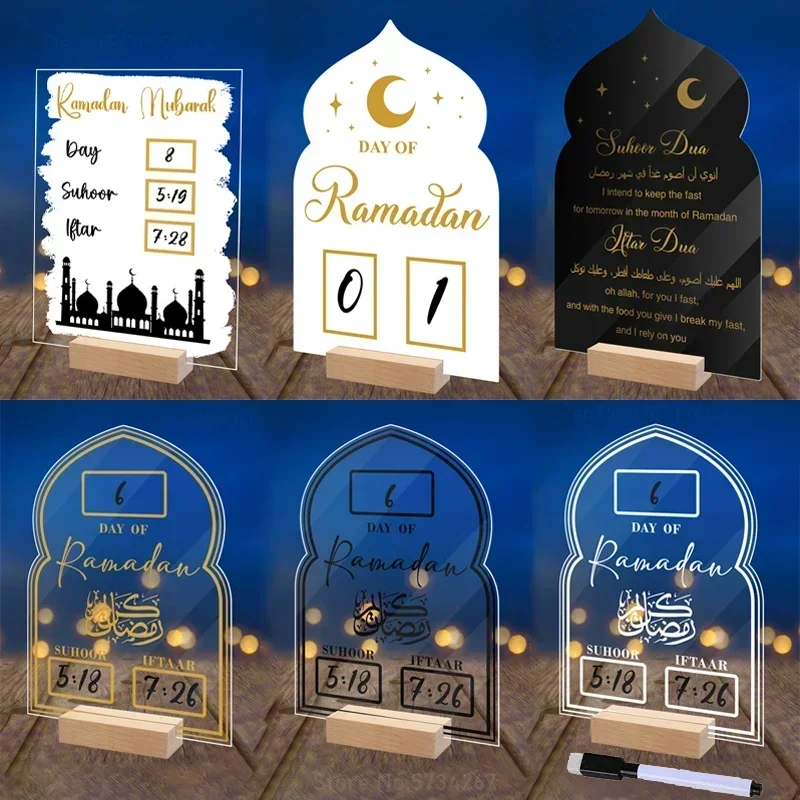 Reusable Ramadan Calendar Board Wooden Base Table Ornament Mubarak Eid Advent Day Suhoor Iftaar Countdown Gifts with Pen