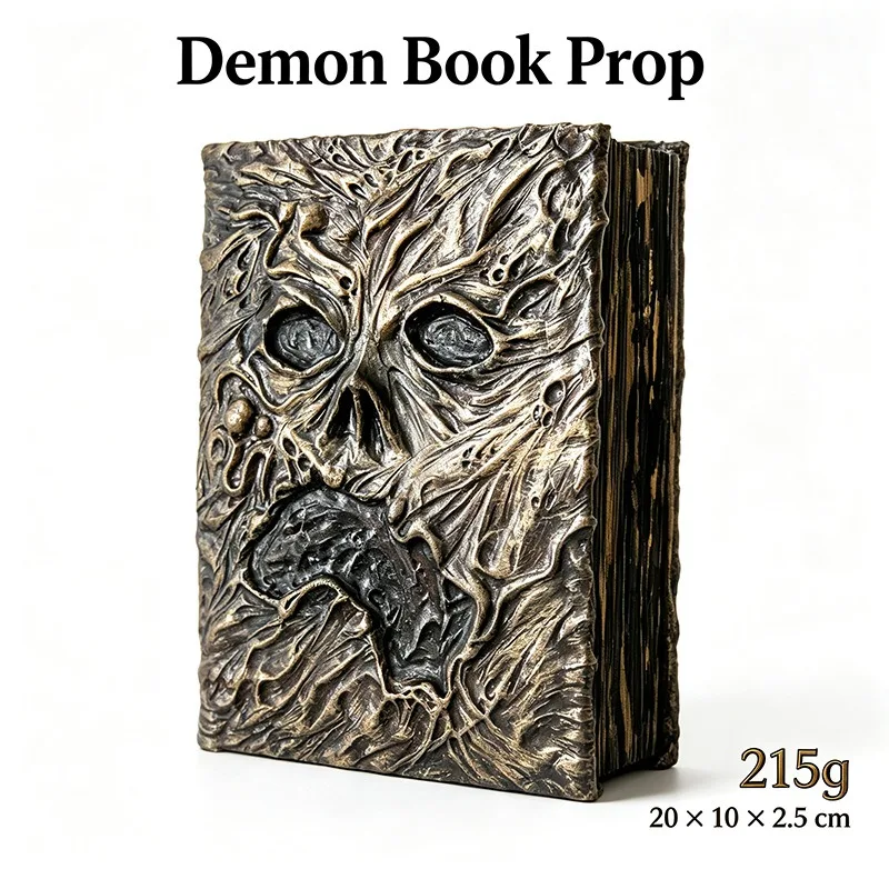 Gothic Horror Grimoire Book with Demon Face Faux Leather Cover Aged Paper Pages Halloween Decoration Collectible Gift