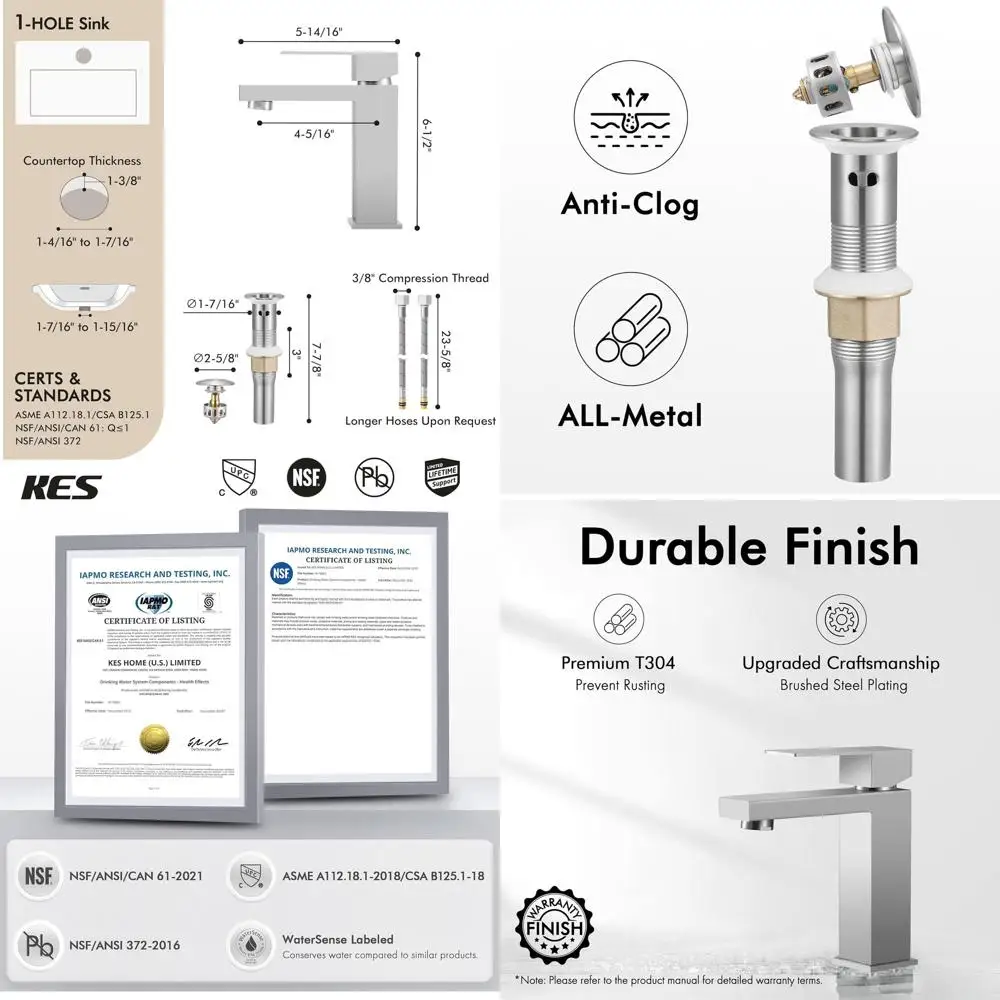 

Single Hole Brushed Stainless Steel Bathroom Faucet with Overflow and Sink Drain, UPC Certified Vanity Fixture