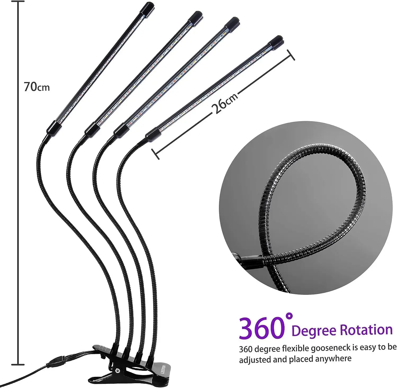 Lampa LED do uprawy roślin w pomieszczeniach, pełne spektrum, timer 3H/9H/12H, 10 poziomów jasności, 3 tryby zmiany koloru światła, USB, do roślin ogrodowych.