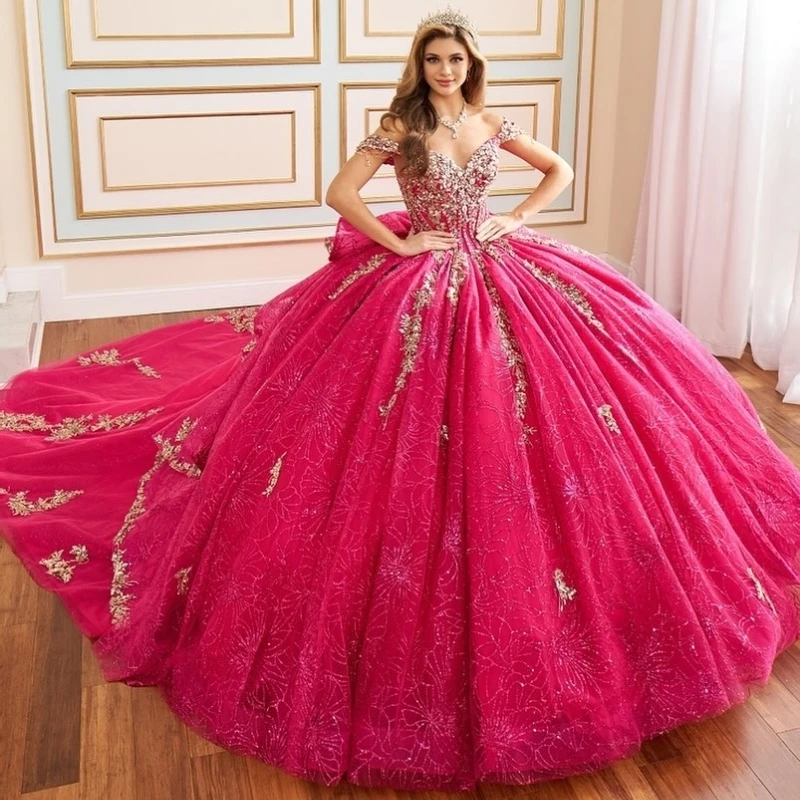 Robe de Bal Kendny Quinceanera Rose Rouge, Appliques en Dentelle, Perles, Clip, Corset, Formel, Personnalisé, Doux