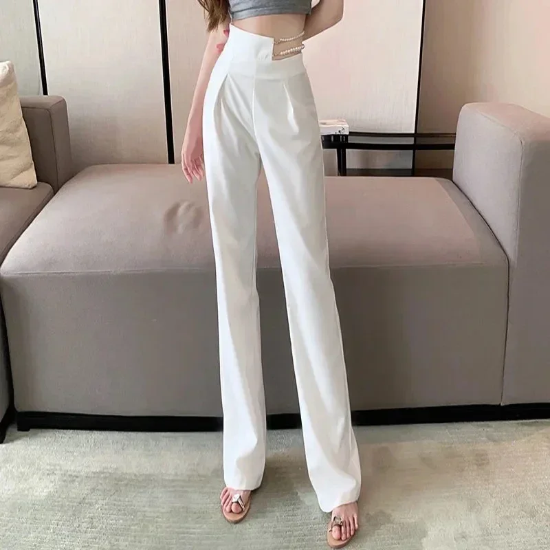 

Pants Female Summer 2023 Faux Rhinestone Pearl Chain Belt Decor Luxurious Suit Pants Sexy Women High Waist Trousers E153