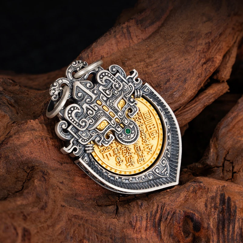 Original ethnic style relief two tone divine beast pendant retro silver 925 inlaid green gem rotatable necklace banquet jewelry
