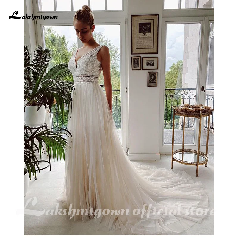 Civil Boheme Beach V neck  Wedding Dresses Lace Bridal Gowns tulle A-Line Wedding gown Robe De Mariee abito da sposa