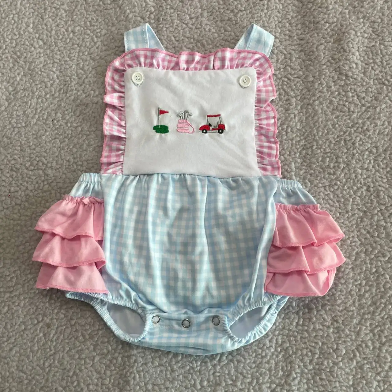 

Baby Girl Ruffle Bubble Romper Golf Embroidered Body Suits Newborn Girl Smocking Jumpsuits Clothes