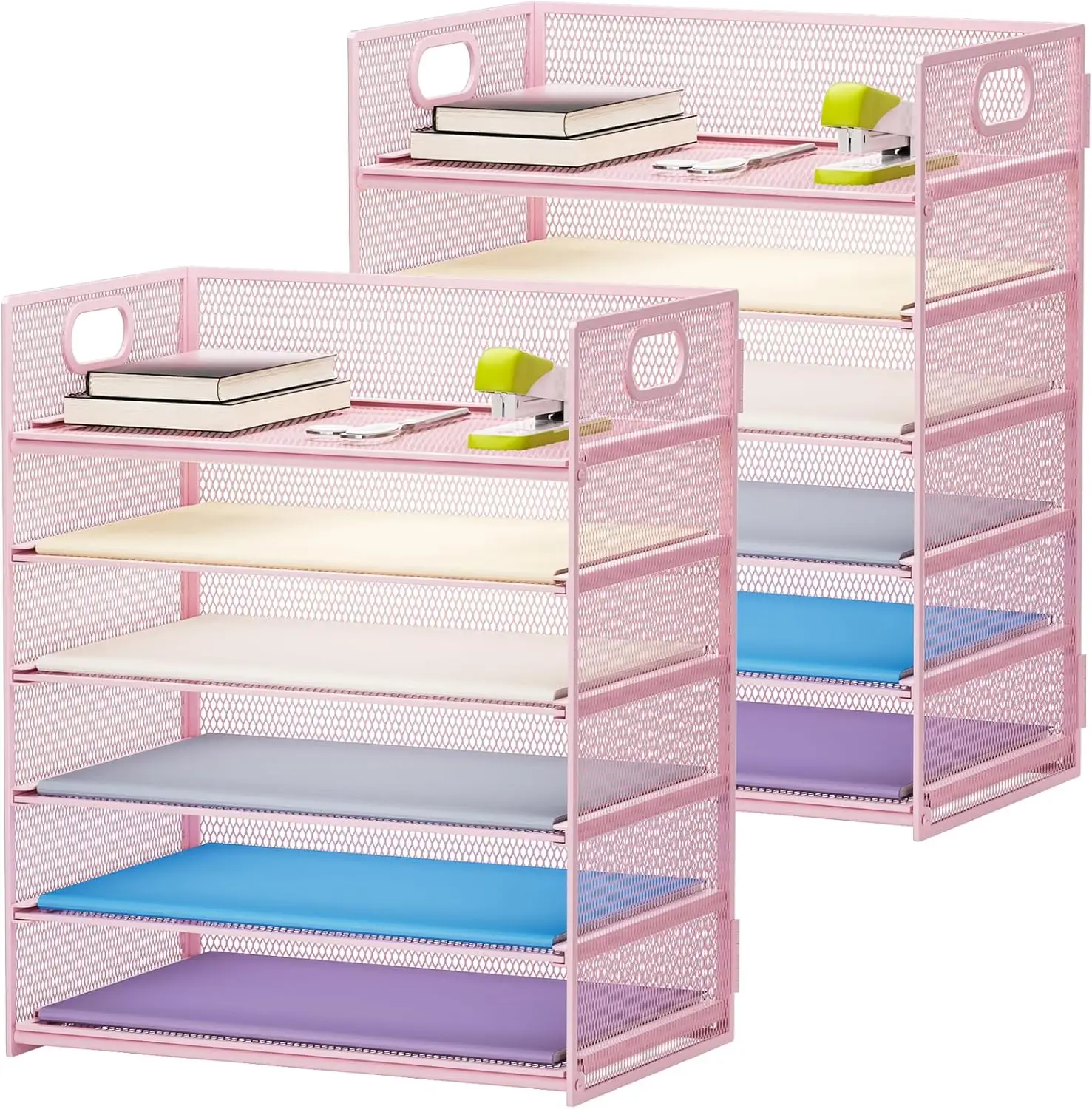 

Набор из 2-х 6-ярусных сетчатых органайзеров для стола с ручкой для офиса, школы и дома - розовый