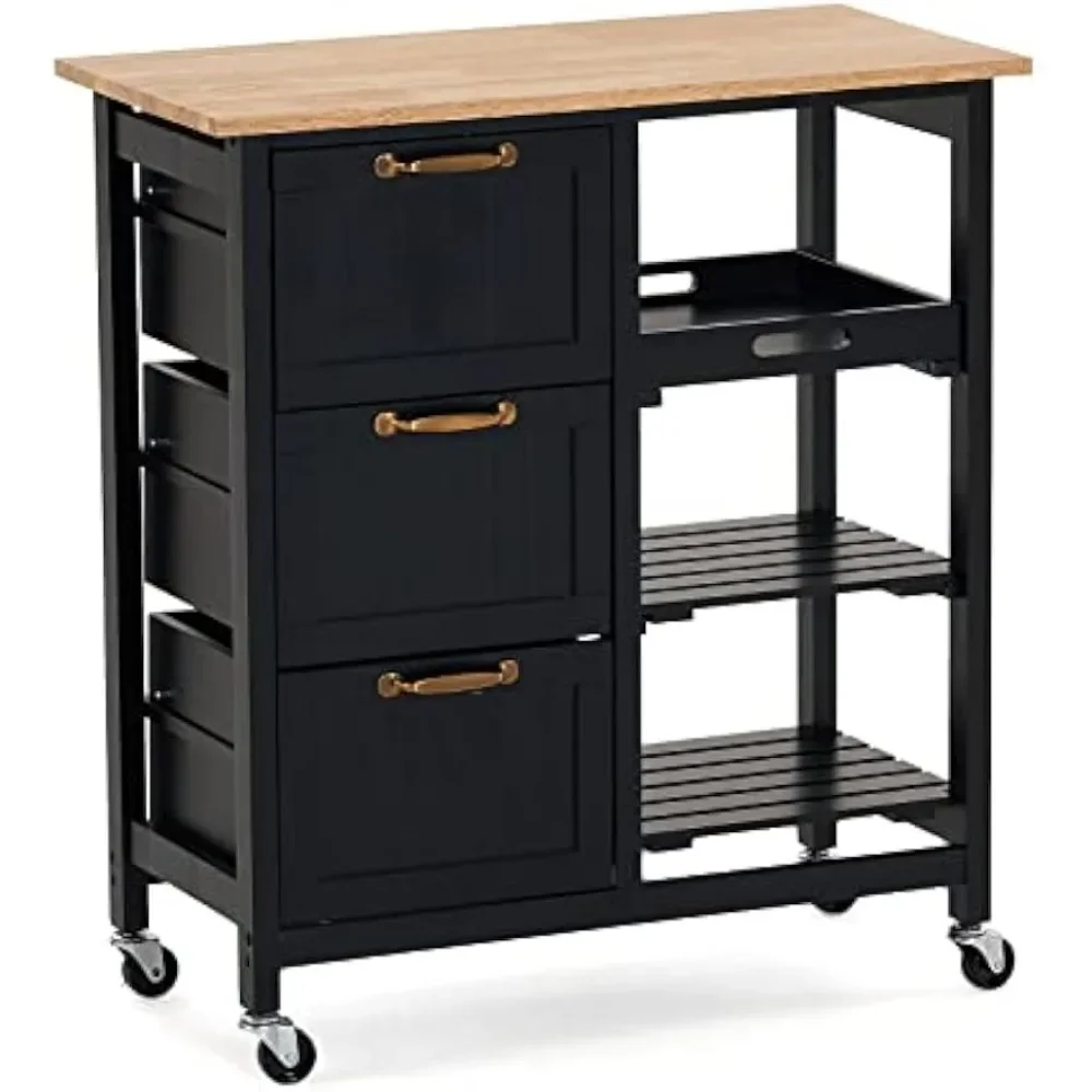 

Storage Rack Trolley, Kitchen Island Cart with 3 Drawers 2 Tier Rack Removable Tray Black Rolling Kitchen Storage, Kitchen Cart