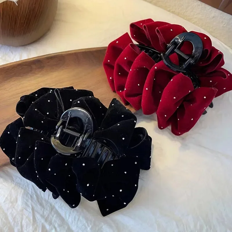 

Fashion 13cm Hair Claw Velvet Large Size Bow Hairpin Black Red Multi-Layered Bow Women Sweet Hair Clips Hair Accessories