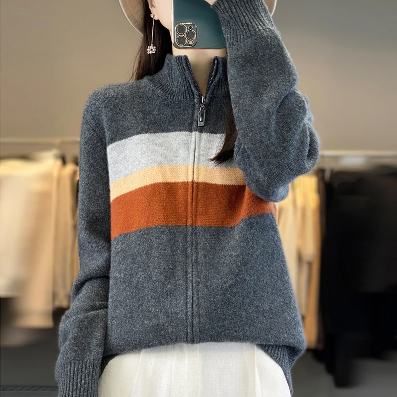 

2024 autumn and winter new color matching 100 cashmere sweater knitted cardigan women's contrast color sweater coat.