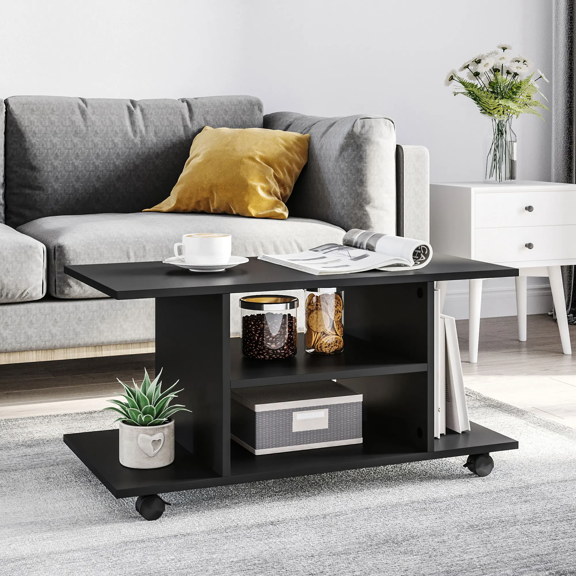 HOMCOM Mesa TV con Estantes y Ruedas Superficie de Melamina 80x40x40 cm Negro