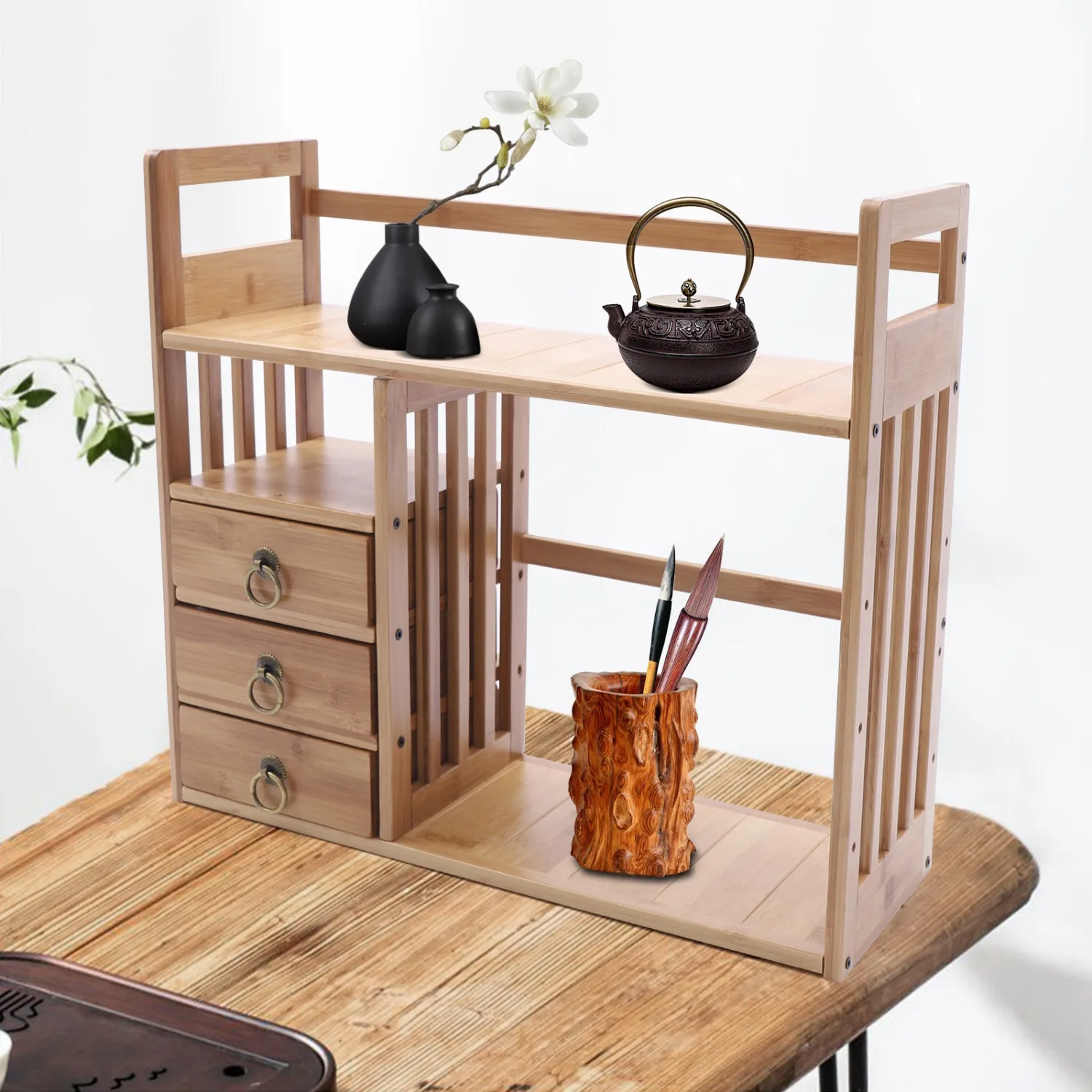 Wood Storage Rack Tabletop Display, Wood Display Book Shelf Wood Caddy Desk Organizer Set Office Storage Expandable Tabletop