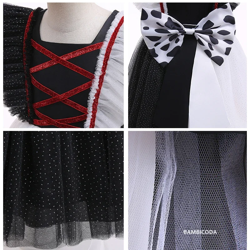 هالوين الأطفال Cruella تأثيري فستان مُصمم حسب الطلب حفلة بنات أسود أبيض فستان طويل كرنفال الاطفال Cruella شعر مستعار قناع دانتيل قفاز J1