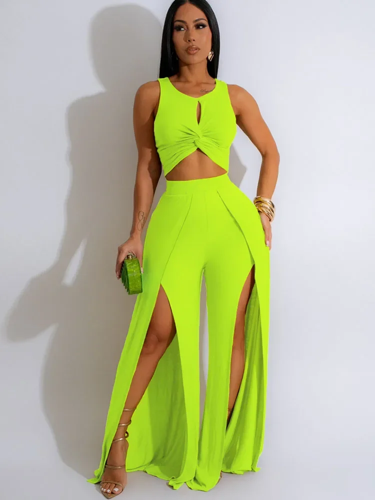 Solid 2 Peice Set Woman Sexy Club Outfits Tank Sleeveless Draped Cutout Crop Top and Split Wide Leg Pants Set Women 2 Piece Sets