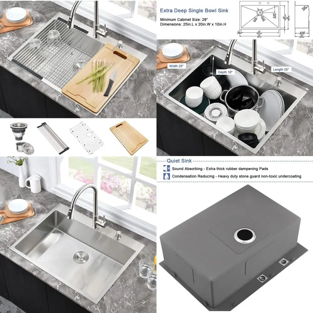 

Stainless Steel 16 Gauge Deep Single Bowl Kitchen Sink - 25 x 20 Inch Drop In Top Mount Sink for Kitchen